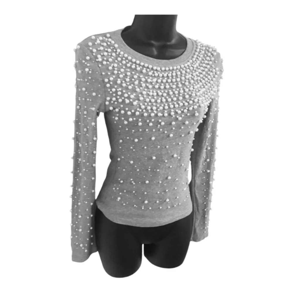 Beautiful Stunning pearl beaded gray long sleeve sweater knit top size small new